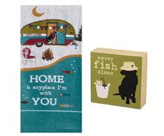DHE Camping Angeln Themed Küche Handtuch und Holzbox Schild Set