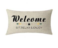 NIDITW lustigen Sprüchen Welcome Sit Relax and Enjoy Lendenwirbel, schwarzer Baumwollleinen, Kissenbezug für Sofakissen, rechteckig, 30,5 x 50,8 cm 12x20 inches cremefarben