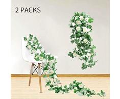 BSTC Künstliche Blumen, künstliche Blumen, Girlande, Rankenpflanzen für Geburtstag, Party, Hochzeit, Dekoration, Kunststoff, Efeu, hängende weiße Rosen, Seidenblumen, Dekoration für Zuhause, Außenwand, Kunstblumen-Girlande grün