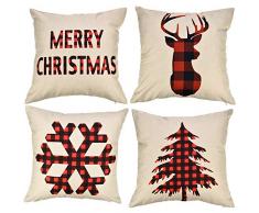 Jovitec 4 Stück Weihnachten Leinen Kissenbezug Dekorative Kissenhülle mit Schneeflocke Weihnachtsbaum Elch Grußmuster 45,7 x 45,7 cm
