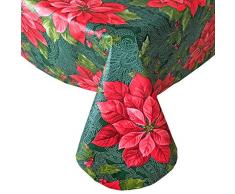 Newbridge Tischdecke mit Weihnachtsstern aus filigranem Vinyl mit Flanellrückseite, Rot mit Weihnachtsstern und Stechpalmenbeeren-Druck, abwischbar, pflegeleicht, Küche, Esszimmer, Vinyl, rot, 60 x 84 Oblong/Rectangle