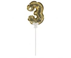 Rayher 87196616 Folienballon Topper Zahl 3, Ballon 13cm und Stecker 19cm, gold