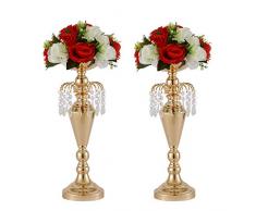 LANLONG 2 Stück Metallvase für Hochzeit, Dekoration - Künstliche Blumengestecke Stumpenkerzenhalter Ständer Set für Hochzeit, Party, Dinnerveranstaltung, Tischdekoration 2XM 1#Gold