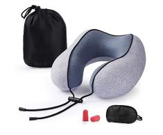 EKKONG Reisekissen, 100% Memory-Schaum, Nackenkissen, bequem und atmungsaktiv & weich, alle Baumwoll-Abdeckung, U-förmig, verstellbares Flugzeug-Set mit Schlafmaske, Ohrstöpsel blau