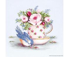 Luca-S BA2324 Vogel und eine Tasse Tee Kreuzstichset, Baumwolle, mehrfarbig, 34.5x29.5cm