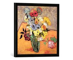 Gerahmtes Bild von Vincent Van Gogh Stilleben mit japanischer Vase, Rosen und Anemonen, Kunstdruck im hochwertigen handgefertigten Bilder-Rahmen, 50x50 cm, Schwarz matt