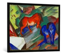 Gerahmtes Bild von Franz Marc Rotes und blaues Pferd, Kunstdruck im hochwertigen handgefertigten Bilder-Rahmen, 100x70 cm, Schwarz matt