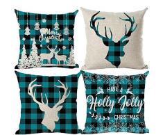 ramirar 4er-Set Have A Holly Jolly Weihnachten Eis Schneeflocken Bäume Hut Glöckchen Hirsch Geweih Blau Dekorativer Überwurf Kissenbezug Kissen Home Wohnzimmer Bett Sofa Auto Baumwolle Leinen quadratisch 45,7 x 45,7 cm