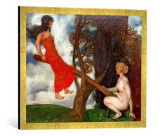 Gerahmtes Bild von Franz Von Stuck Die Wippe, Kunstdruck im hochwertigen handgefertigten Bilder-Rahmen, 70x50 cm, Gold Raya