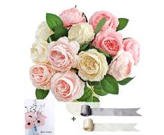 SnailGarden Künstliche Pfingstrosen, 12 Blüten, 3 Farben, Seide, Pfingstrose, Pink mit 2 Satinband und 1 Grußkarte, Blumenstrauß für Hochzeit, Party, Zuhause, Büro, Tisch-Arrangements, Festival-Geschenk