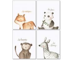Konfetti Fuchs Safari Kinderzimmer Bilder Wanddekoration – 20,3 x 25,4 ungerahmt Set von 4 Drucken, Baby-Tiere Junge Mädchen Aquarell Kunstwerk Zitate Dekoration – Tiger Panda AFFE Zebra