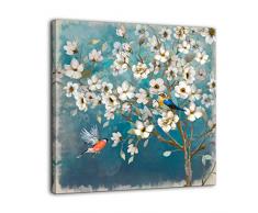 Wandbild auf Leinwand, Motiv Blumen, Vogel, Wanddekoration für Wohnzimmer, Schlafzimmer, Badezimmer, gerahmt, Kunstwerk für Wände, moderne Wanddekoration, Bilder für Küche, Wohndekoration, Größe 14 x 14 cm, Malerei von weißen Blumen Baum