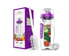 Fruit Infuser Wasserflasche 32oz: aromatisiertes Wasser & Tee Infusion für Hydratation, Protein Shake Sportbehälter, auslaufsicherer Deckel, langer Infuser Korb - mit Hülse, Reinigungsbürste & Mixball, blau, 32 oz