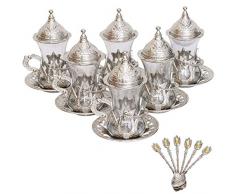 Alisveristime Set aus 6 handgefertigten türkischen Teewasser, Zamzam, Gläser, Untertasse und Löffel, Silberfarben