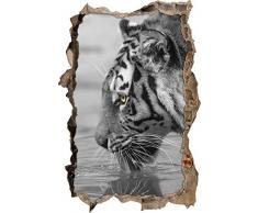 Pixxprint 3D_WD_S4919_92x62 gestreifter Tiger am Wasser Wanddurchbruch 3D Wandtattoo, Vinyl, schwarz / weiÃ, 92 x 62 x 0,02 cm