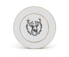 K&K Interiors 54012H Salatteller aus Keramik, mit goldfarbenem und schwarzem Hirsch, 21 cm, Weiß