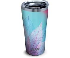 Tervis 1346040 Isolierbecher mit türkisen Blättern, Edelstahl, mit transparentem und schwarzem Hammerdeckel, 570 ml, silberfarben