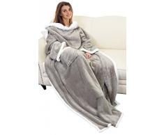 Katalonien Sherpa Fleece Kuscheldecke mit Ärmeln und Tasche, tragbar Micro Plüsch Warm Ärmeln TV Decke/Überwurf Bademantel für Erwachsene Damen und Herren Große 182,9 x 139,7 cm camel