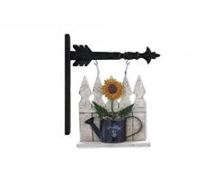 K&K Interiors 13439A Holzzaun mit Gießkanne und Sonnenblumenpfeil, 33,8 cm, Weiß