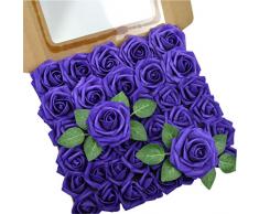DerBlue Künstliche Rosen 60 Stück echt aussehende Kunstrosen und 10 Blätter für DIY Hochzeit Blumensträuße Tafelaufsätze Arrangements Party Baby Dusche Zuhause Dekoration dunkelviolett