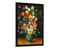 Gerahmtes Bild von Jan Brueghel der Ältere Blumenstrauß in Einer blauen Vase, Kunstdruck im hochwertigen handgefertigten Bilder-Rahmen, 70x100 cm, Schwarz matt