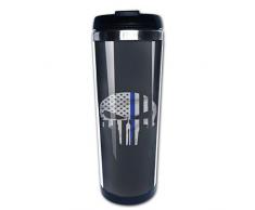 Hasdon-Hill Lustige Reisetassen für Frauen Männer Vater Mutter dünne Blaue Linie Totenkopfflagge Kaffee Tasse Tee Becher Edelstahl Becher für Freund Geburtstag 340 ml One Size schwarz