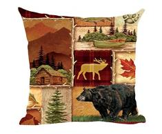 ramirar Retro Braun Berge Haus Ruderboot Bär Hirsch Fisch Wald Bäume Ahornblatt Feld Dekorativer Überwurf Kissen Home Wohnzimmer Bett Sofa Auto Baumwolle Leinen quadratisch 45,7 x 45,7 cm