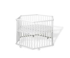 Geuther - 6-Eck Laufgitter Matrix 2255, TÜV geprüft, höhenverstellbarer Laufstall, gepolsterter Boden, Rollen, 97 x 112 cm, weiß, sterne