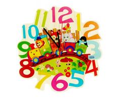 Hess Holzspielzeug 30009 - Wanduhr aus Holz mit Quarzuhrwerk, Eisenbahn, ca. 24 cm