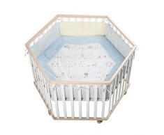 roba Laufgitter Cosiplay, Laufstall 6-eckig, sicheres Spielgitter inkl. Schutzeinlage Wiesenglück & Rollen, Baby Krabbelgitter, Holz (Bio Buche) weiß/natur