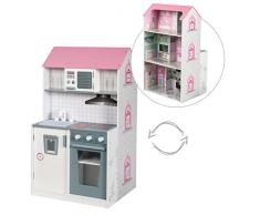 roba Puppenhaus Und Küche 2 In 1, Vorderseite Puppenhaus Inkl. 6 Räumen, Rückseite Kinderküche Inkl. Spüle, Wasserhahn, Mikrowelle, Herd, Grill, Kühlschrank, Mehrfarbig