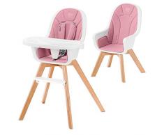 Kinderkraft 2 in 1 Hochstuhl TIXI, Kinderhochstuhl, Babystuhl, Kombihochstuhl mit Wasserdicht Material, Beine aus Holz, Sicherheitsgurte, Fußstütze, Doppeltablett, ab 6 Monate bis 5 Jahre, Rosa