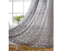 Miuco Vorhänge mit Blumenmuster, bestickt, halbtransparent, Leinen, Ösenvorhänge für Wohnzimmer