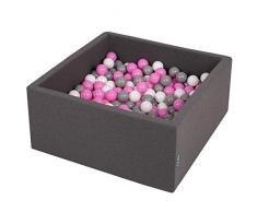 KiddyMoon Bällebad 90X40cm/200 Bälle ∅ 7Cm Bällepool Mit Bunten Bällen Für Babys Kinder Quadrat, Dunkelgrau:Grau/Weiß/Pink