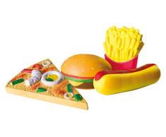 roba Squishies 4er-Set „Fast Food“, Pizza, Hot Dog, Pommes, Burger, Antistress Spielzeug, Kaufladen- und Küchenzubehör, mehrfarbig