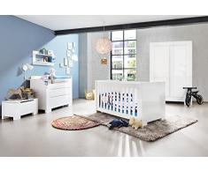 Pinolino Kinderzimmer Sky breit, 3-teilig, Kinderbett (140 x 70 cm), breite Wickelkommode mit Wickelaufsatz und Kleiderschrank, weiß Hochglanz (Art.-Nr. 10 34 98 B)