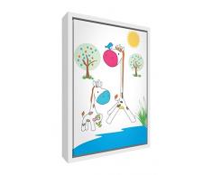 Feel Good Art eco-printed & gerahmt Kinderzimmer Leinwand, die Solide Weiß Holzrahmen ≪ Jess die Mumie Giraffe und Junior Das Baby Giraffe at die Bewässerung Loch ≫, mehrfarbig, 44 x 34 x 3 cm (mittel)