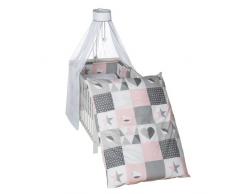 roba Kinder-Bettgarnitur 4-tlg, Babybett-Ausstattung Happy Patch rosa, Bettset mit Applikation, Bettwäsche 100x135 (Decke & Kissen), Nestchen, Himmel