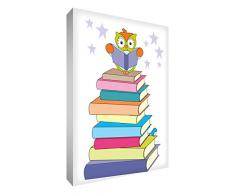 Little Helper OWLBK1216-12G Feel Good Art Wandschmuck aus starker Leinwand im modernen illustrativen Stil - Der kluge Herr Eule auf seinem Bücherturm, 40 x 30 cm