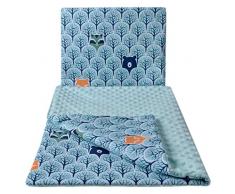Babydecke Krabbeldecke mit Kissen 100% Baumwolle MINKY Kinderdecke 55x75 + 35x30cm multifunktional für Kinderwagen Babyschale Wiege Medi Partners (bear im Walde mit minzer Minky)