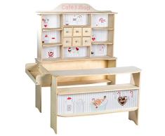roba 480020 Kaufladen, Kinder Kaufmannsladen Café und Shop, Holz, Verkaufsstand 6 Schubladen, Seitentheke und Theke mit liebervoller Bedruckung, Natur/Weiß
