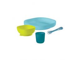 Béaba – Silikon-Esslerngeschirr-Set mit Saugnäpfen – Komplett 4-teilig – Teller, Schale, Tasse + Löffel aus hochwertigem Silikon und mit Saugnäpfen – Erleichtert das Füttern von Babys – blau