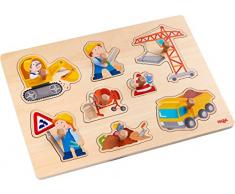 HABA 303697 - Greifpuzzle Baustellen-Welt | Holzspielzeug ab 12 Monaten | 8-teiliges Puzzle aus Holz mit buntem Baustellenmotiv | Mit großen Knöpfen zum Greifen