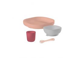 Béaba - Silikon-Geschirrset - Teller und Schale mit Saugnäpfen + Löffel. Für Babies und Kleinkinder - 4 Teile - rosa