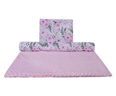 Babydecke Krabbeldecke mit Kissen 100% Baumwolle MINKY Kinderdecke groß zweiseitig 75x100 + 35x30cm multifunktional für Bett Kinderwagen Medi Partners (rosa Blument mit hellrosa Minky)