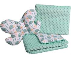 Babydecke Krabbeldecke Set 3in1 100% Baumwolle MINKY Kinderdecke 55x75 + 35x30cm flaches Kissen und Anti-Schock-Kissen Schmetterling Medi Partners (minze Igel mit minzer Minky)