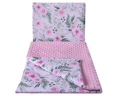 Babydecke Krabbeldecke mit Kissen 100% Baumwolle MINKY Kinderdecke 55x75 + 35x30cm multifunktional für Kinderwagen Babyschale Wiege Medi Partners (Blument mit hellrosa Minky)