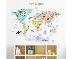 DECOWALL DLT-1615 Weltkarte Tierweltkarte Tiere Wandtattoo Wandsticker Wandaufkleber Wanddeko für Wohnzimmer Schlafzimmer Kinderzimmer (Extra Groß) (Englisch Ver.)
