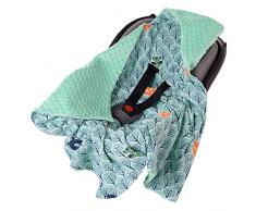 Einschlagdecke 100% Baumwolle 85x85cm doppelseitig multifunktional Minky Kuscheldecke für Kinderwagen weich flauschig (Wald mit minzer Minky)