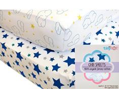 Spannbettlaken für Babybett, 100 % Bio-Jersey-Baumwolle, 2er-Pack, niedliches Design für Jungen